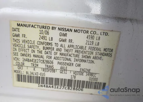 2007 Nissan Maxima 3.5 Se from USA, damaged, VIN 1N4BA41E27C828606